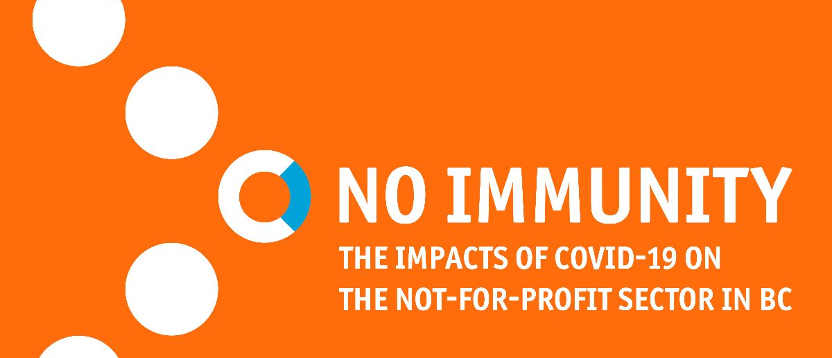 Bright orange banner with the text "No Immunity: The impacts of Covid-19 on the Not-For-Profit Sector in B.C." in white